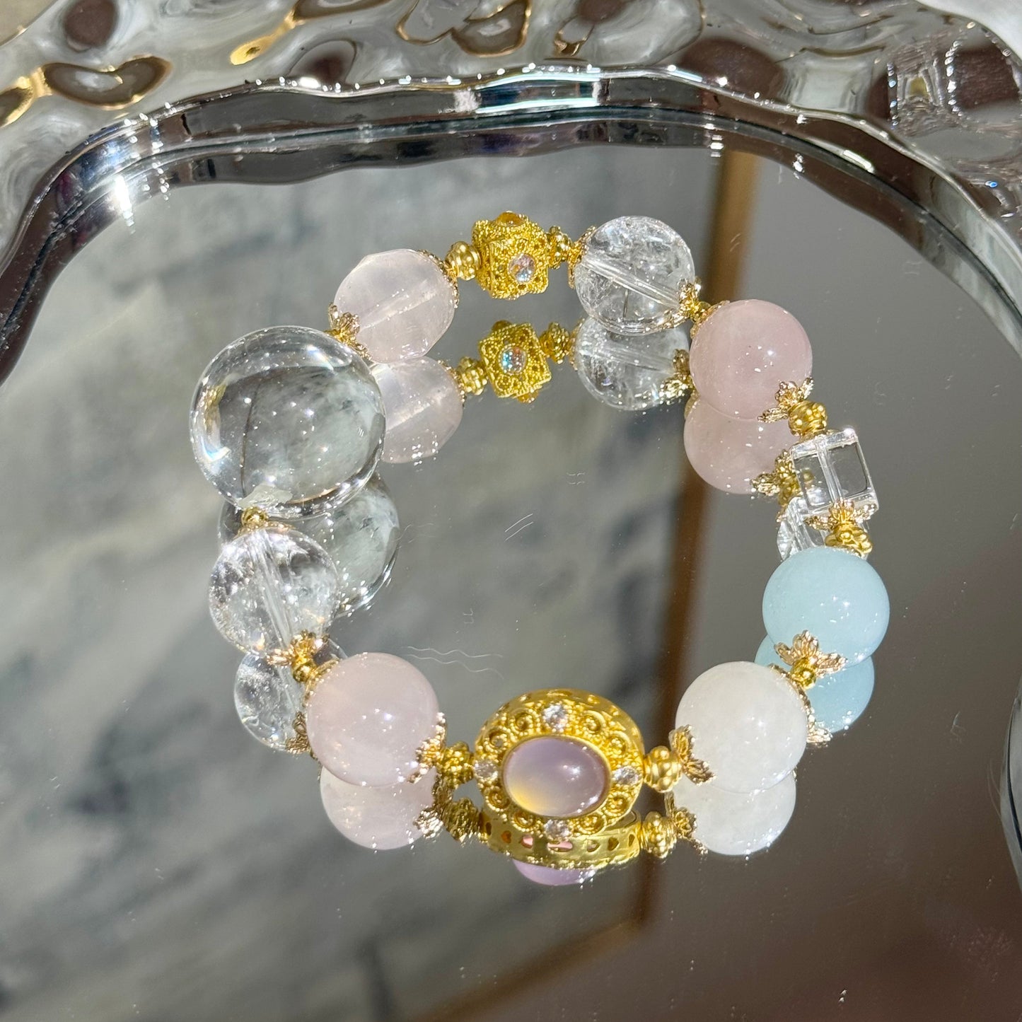 Clear quartz with aquamarine with rose quartz