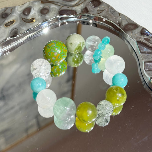 Green lacquer bead with Xiuyan jade(amazonite green rutile fluorite)