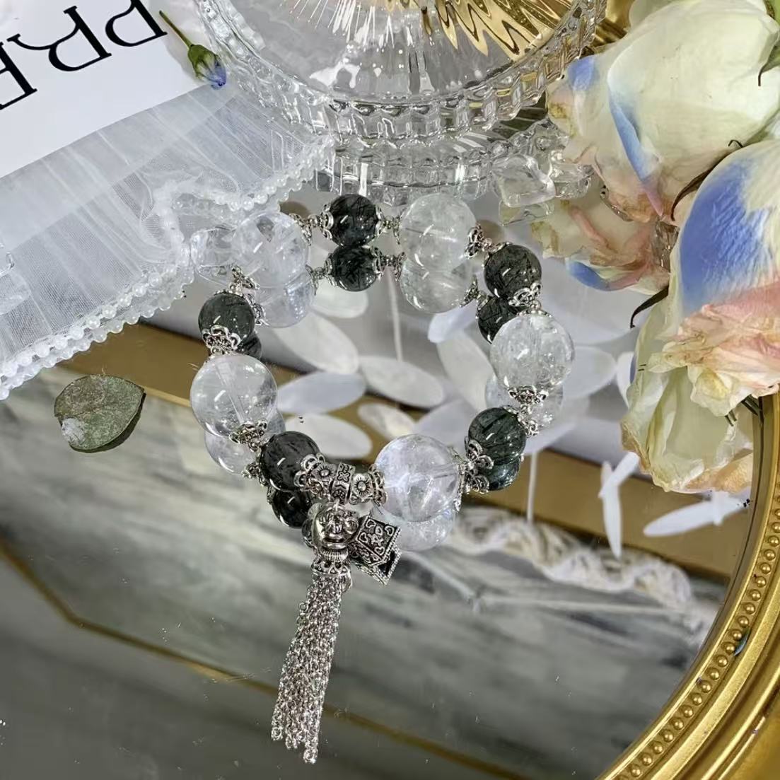 Clear quartz with green rutile